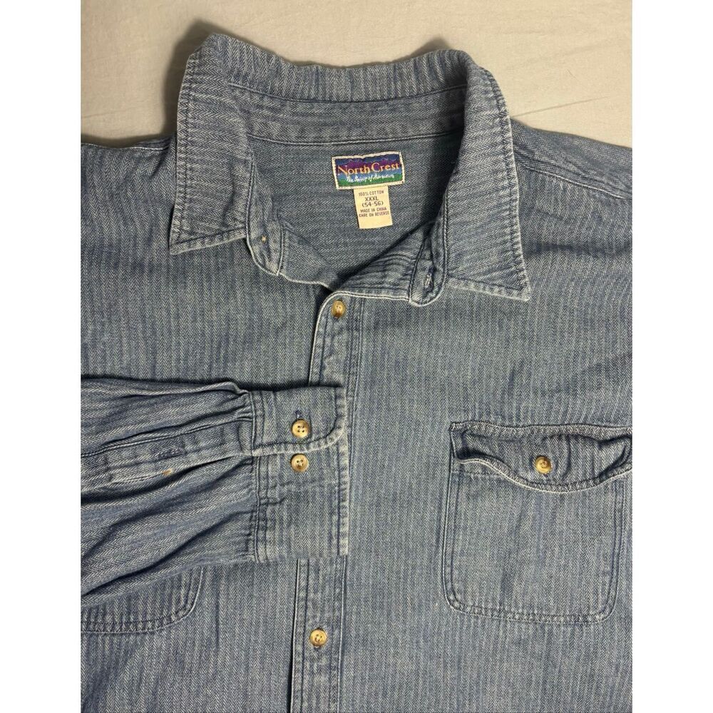 Vintage Y2K Denim Button Up Shirt Mens XXL 3XL Long Sleeve Blue Chore Shirt Flaw